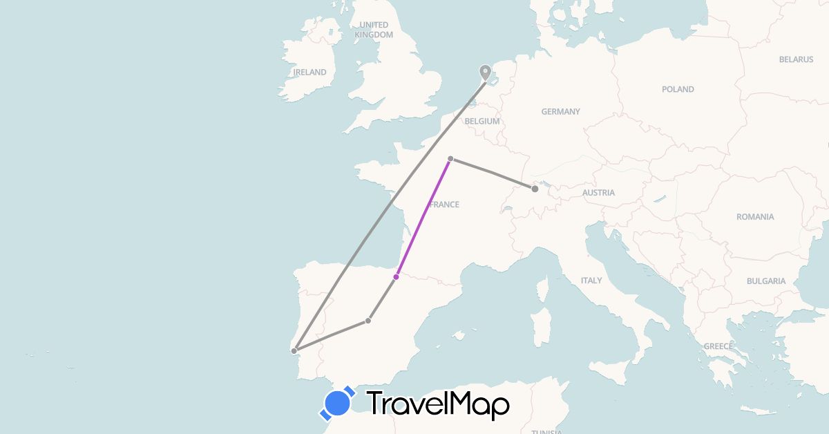 TravelMap itinerary: plane, train in Switzerland, Spain, France, Netherlands, Portugal (Europe)